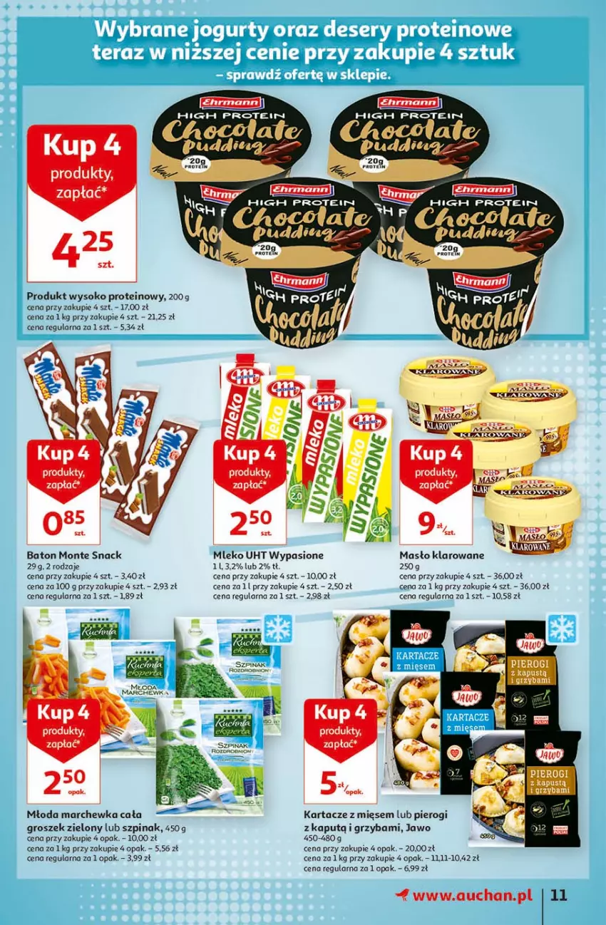 Gazetka promocyjna Auchan - Więcej za mniej Hipermarkety - ważna 11.03 do 17.03.2021 - strona 11 - produkty: Baton, Groszek, Marchewka, Masło, Masło klarowane, Mleko, Monte, Pierogi, Sok, Szpinak