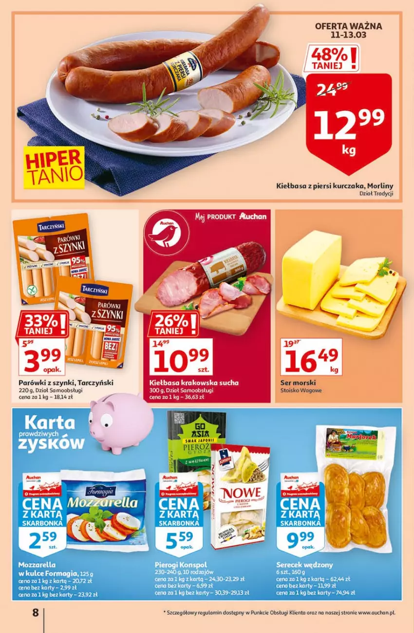 Gazetka promocyjna Auchan - Więcej za mniej Hipermarkety - ważna 11.03 do 17.03.2021 - strona 8 - produkty: Kiełbasa, Kiełbasa krakowska, Kiełbasa z piersi kurczaka, Kurczak, Morliny, Parówki, Parówki z szynki, Ser, Tarczyński