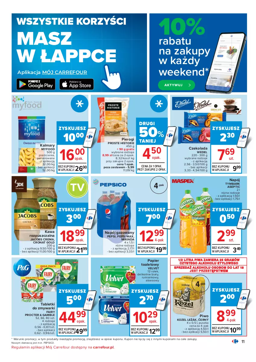 Gazetka promocyjna Carrefour - Gazetka Carrefour - ważna 07.12 do 12.12.2021 - strona 11 - produkty: Czekolada, Fa, Fairy, Gra, Jacobs, Kalmar, Kalmary, Kawa, Kawa rozpuszczalna, Kosz, Kozel, Mirinda, Napój, Napój gazowany, Papier, Papier toaletowy, Pepsi, Pepsi max, Pierogi, Piwa, Piwo, Rum, Tablet, Tabletki do zmywarki, Tymbark, Velvet, Zmywarki