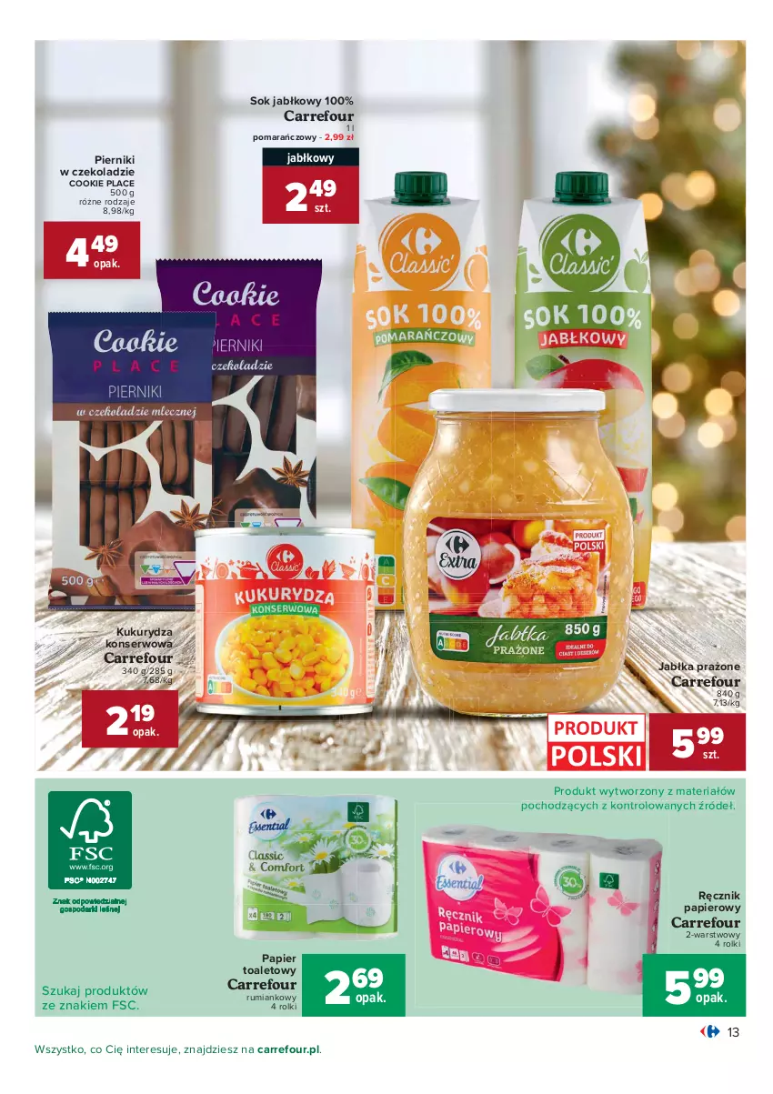 Gazetka promocyjna Carrefour - Gazetka Carrefour - ważna 07.12 do 12.12.2021 - strona 13 - produkty: Jabłka, Jabłka prażone, Kukurydza, Kukurydza konserwowa, Papier, Papier toaletowy, Piernik, Pierniki w czekoladzie, Ręcznik, Rolki, Rum, Ser, Sok, Sok jabłkowy