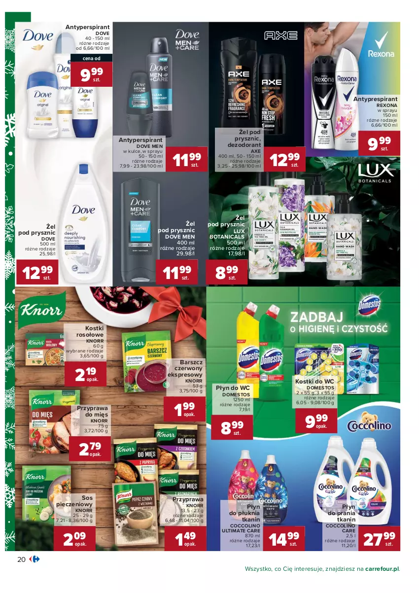 Gazetka promocyjna Carrefour - Gazetka Carrefour - ważna 07.12 do 12.12.2021 - strona 20 - produkty: Antyperspirant, Coccolino, Dezodorant, Domestos, Dove, Knorr, Kostki rosołowe, Piec, Płyn do prania, Płyn do wc, Rexona, Sos, Sos pieczeniowy