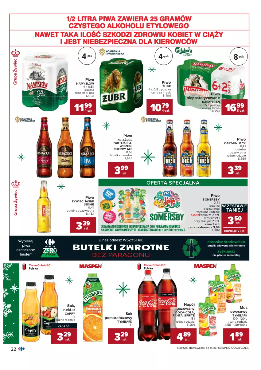 Gazetka promocyjna Carrefour - Gazetka Carrefour - ważna 07.12 do 12.12.2021 - strona 22 - produkty: Cappy, Captain Jack, Coca-Cola, Fa, Fanta, Gra, Kasztelan, Kosz, Książęce, Mus, Namysłów, Napój, Napój gazowany, Nektar, Piec, Piwa, Piwo, Por, Sok, Sok pomarańczowy, Somersby, Sprite, Tymbark