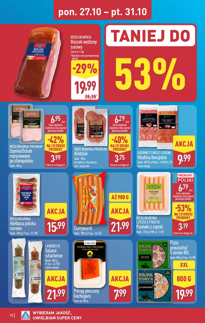 Gazetka promocyjna Aldi - Pełna oferta - ważna 27.10 do 01.11.2025 - strona 10 - produkty: Boczek, Kiełbasa, Kindziuk, Parówki, Parówki z szynki, Piec, Pieprz, Pizza, Prosciutto, Pstrąg, Salami, Ser, Szynka