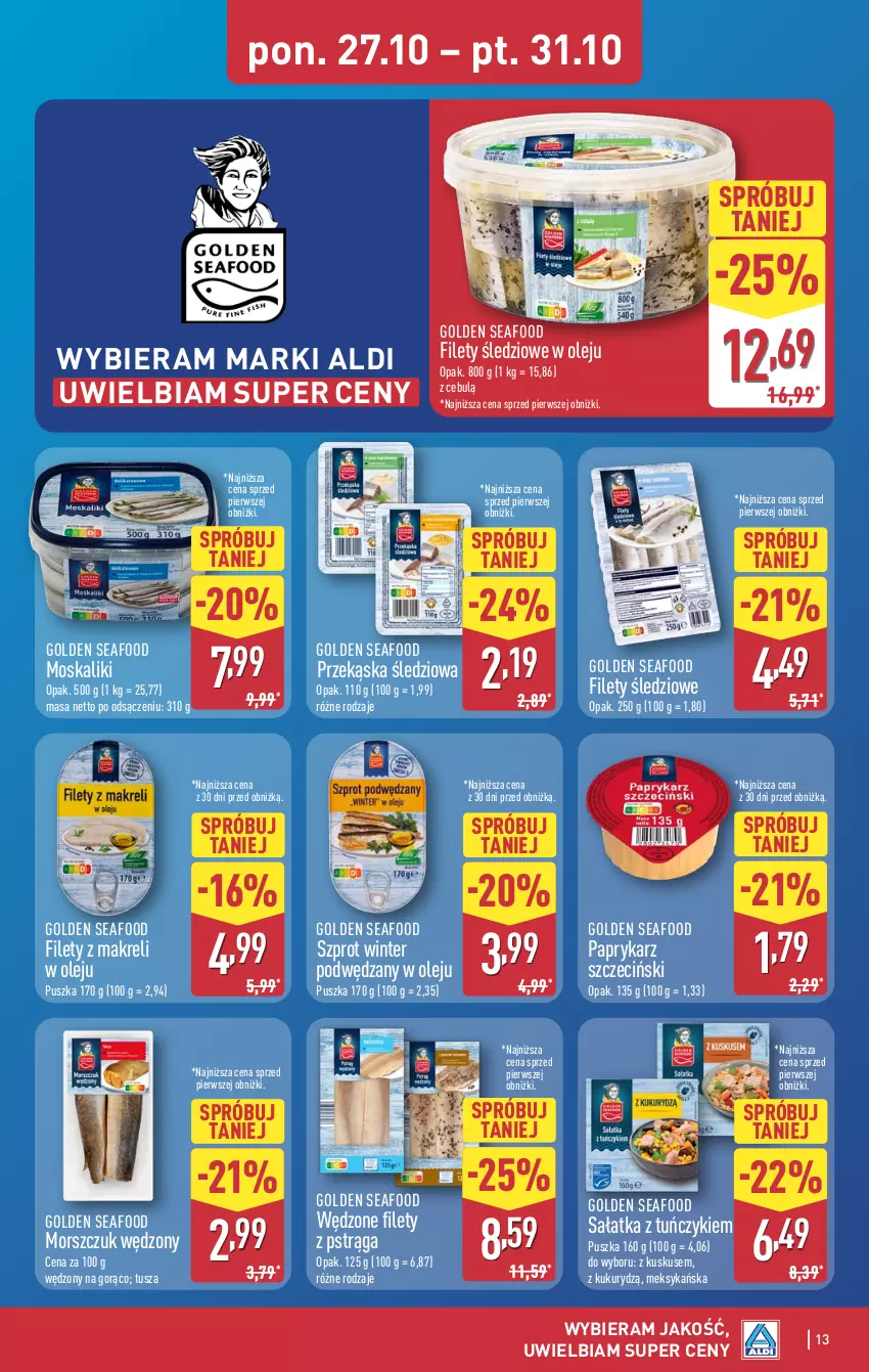 Gazetka promocyjna Aldi - Pełna oferta - ważna 27.10 do 01.11.2025 - strona 13 - produkty: Golden Seafood, Kuskus, Olej, Papryka, Paprykarz, Paprykarz szczeciński, Przekąska śledziowa, Pstrąg, Sałat, Sałatka, Szprot, Tuńczyk, Tusz