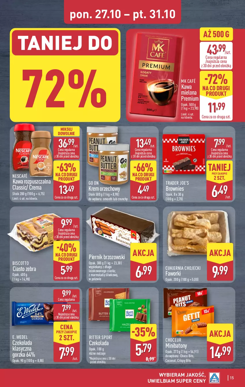 Gazetka promocyjna Aldi - Pełna oferta - ważna 27.10 do 01.11.2025 - strona 15 - produkty: Baton, Brownie, Cukier, Czekolada, E. Wedel, Fa, Faworki, Kawa, Kawa rozpuszczalna, Krem orzechowy, Mola, Nescafé, Piernik, Por, Ritter Sport, Sport