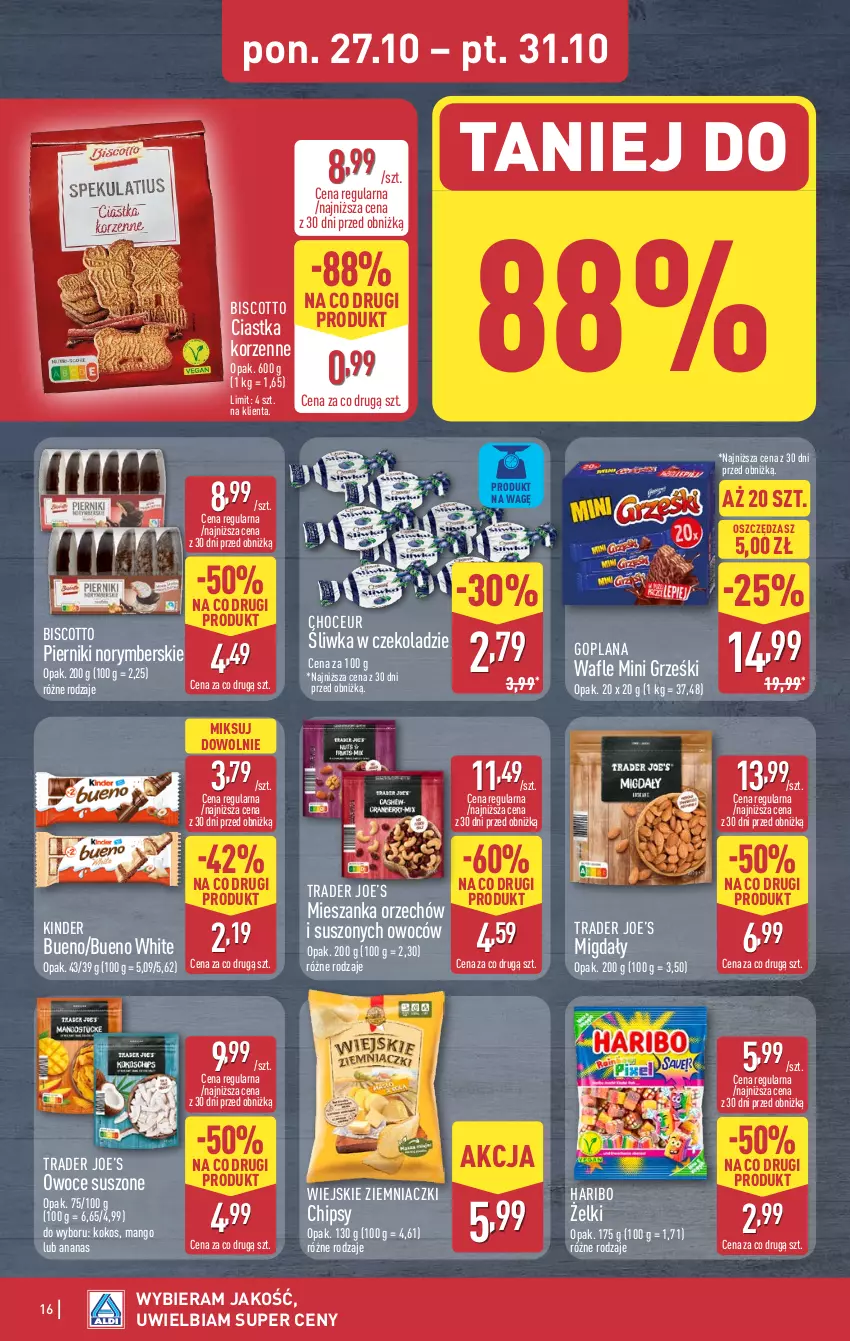 Gazetka promocyjna Aldi - Pełna oferta - ważna 27.10 do 01.11.2025 - strona 16 - produkty: Ananas, Chipsy, Ciastka, Goplana, Grześki, Haribo, Kinder, Kinder Bueno, Kokos, LANA, Mango, Migdały, Mini Grześki, Owoce, Owoce suszone, Piernik, Wafle