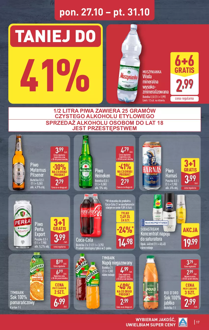 Gazetka promocyjna Aldi - Pełna oferta - ważna 27.10 do 01.11.2025 - strona 17 - produkty: Coca-Cola, Gra, Harnaś, Heineken, Mus, Muszynianka, Napój, Napój niegazowany, Perła, Piwa, Piwo, Por, Sok, Tymbark, Woda, Woda mineralna