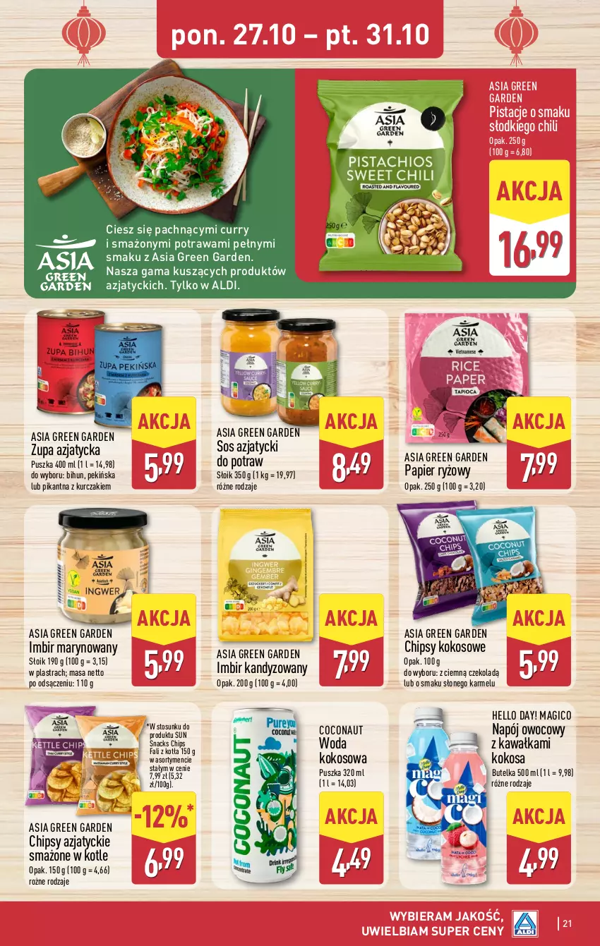 Gazetka promocyjna Aldi - Pełna oferta - ważna 27.10 do 01.11.2025 - strona 21 - produkty: Chipsy, Fa, Imbir, Kawa, Kokos, Kurczak, Napój, Papier, Papier ryżowy, Pistacje, Ryż, Sos, Woda, Zupa