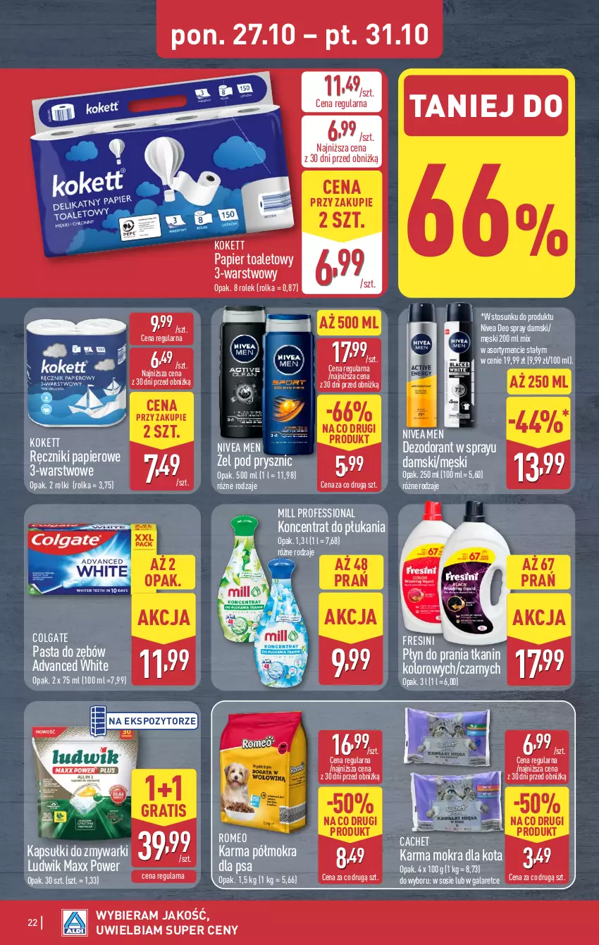Gazetka promocyjna Aldi - Pełna oferta - ważna 27.10 do 01.11.2025 - strona 22 - produkty: Colgate, Dezodorant, Gala, Gra, LG, Ludwik, Nivea, Nivea Men, Papier, Papier toaletowy, Pasta do zębów, Płyn do prania, Ręcznik, Ręczniki papierowe, Rolki, Sos, Zmywarki