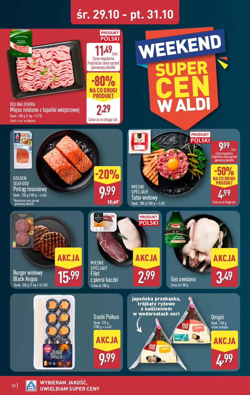 Gazetka promocyjna Aldi - Pełna oferta - ważna 27.10 do 01.11.2025 - strona 32 - produkty: Burger, Filet z piersi kaczki, Gęś owsiana, Golden Seafood, Lack, Mięsne specjały, Mięso, Mięso mielone, Mięso mielone z łopatki wieprzowej, Pstrąg, Pstrąg łososiowy, Ryż, Sos, Sushi, Tatar wołowy