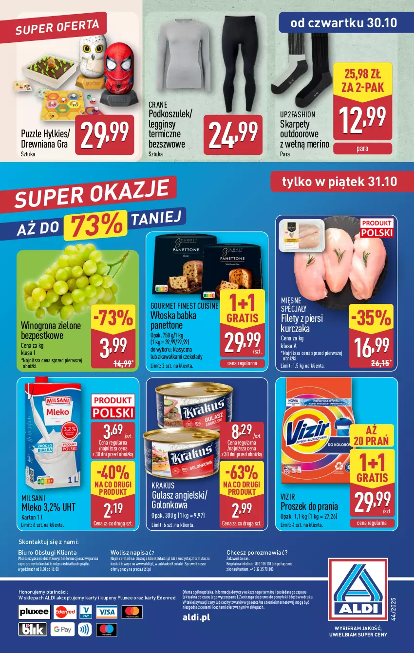 Gazetka promocyjna Aldi - Pełna oferta - ważna 27.10 do 01.11.2025 - strona 38 - produkty: Babka, Biuro, Fa, Gin, Gra, Karp, Kawa, Kosz, Krakus, Kurczak, Legginsy, Mięsne specjały, Mleko, O nas, Podkoszulek, Por, Proszek do prania, Puzzle, Vizir, Wino, Winogrona