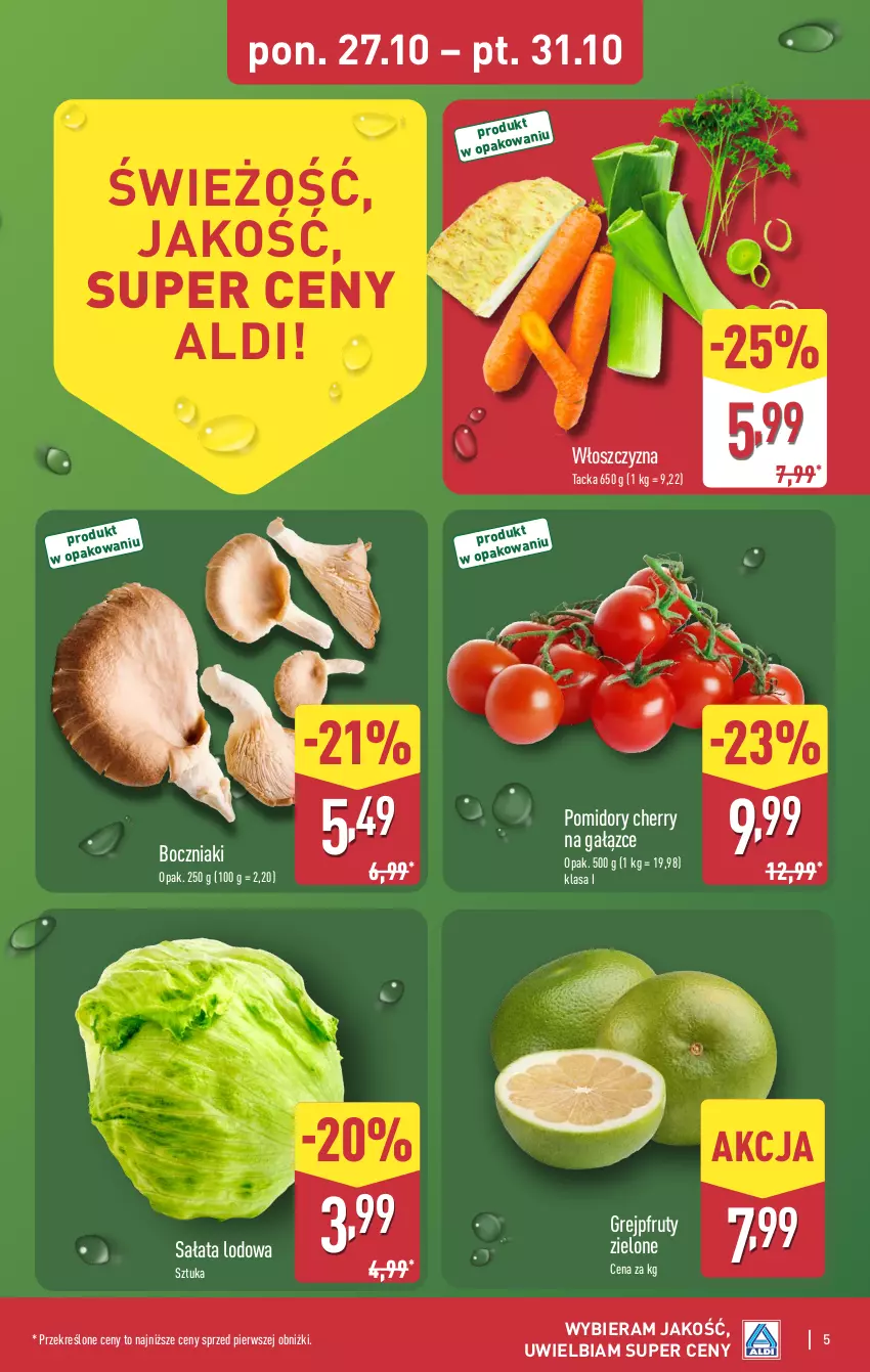 Gazetka promocyjna Aldi - Pełna oferta - ważna 27.10 do 01.11.2025 - strona 5 - produkty: Boczniak, Grejpfrut, Pomidory, Sałat, Sałata lodowa