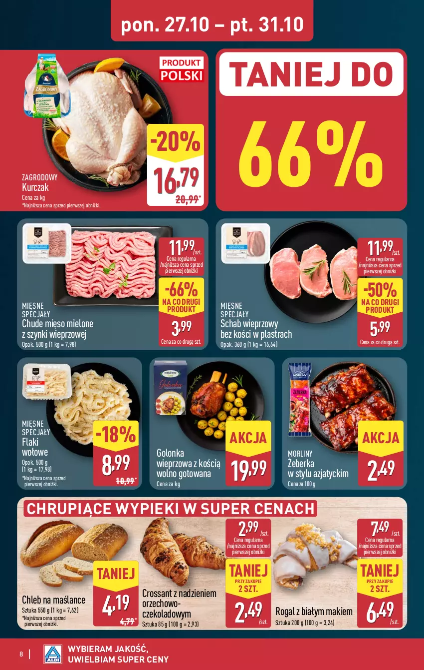 Gazetka promocyjna Aldi - Pełna oferta - ważna 27.10 do 01.11.2025 - strona 8 - produkty: Chleb, Flaki, Flaki wołowe, Golonka wieprzowa, Kurczak, Mięsne specjały, Mięso, Mięso mielone, Mięso mielone z szynki, Morliny, Rogal, Schab wieprzowy
