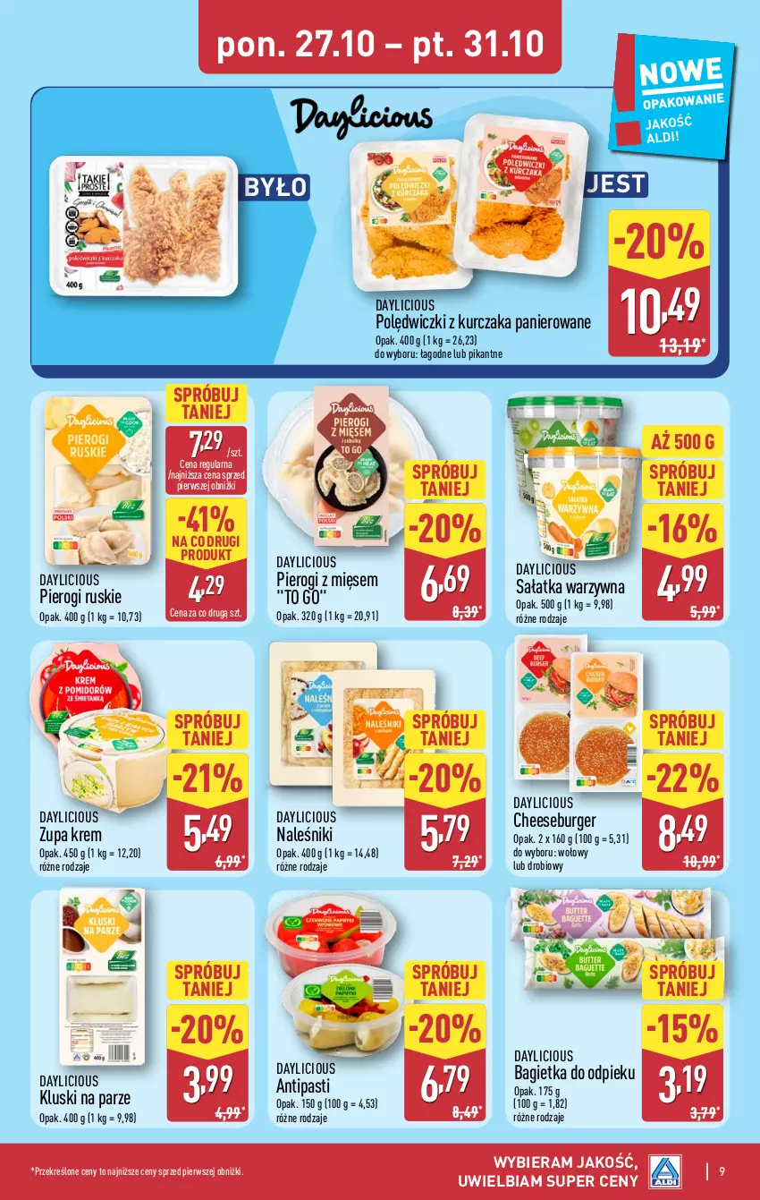 Gazetka promocyjna Aldi - Pełna oferta - ważna 27.10 do 01.11.2025 - strona 9 - produkty: Bagietka, Burger, Kluski na parze, Kurczak, Naleśniki, Pierogi, Polędwiczki z kurczaka, Sałat, Sałatka, Sałatka warzywna, Zupa