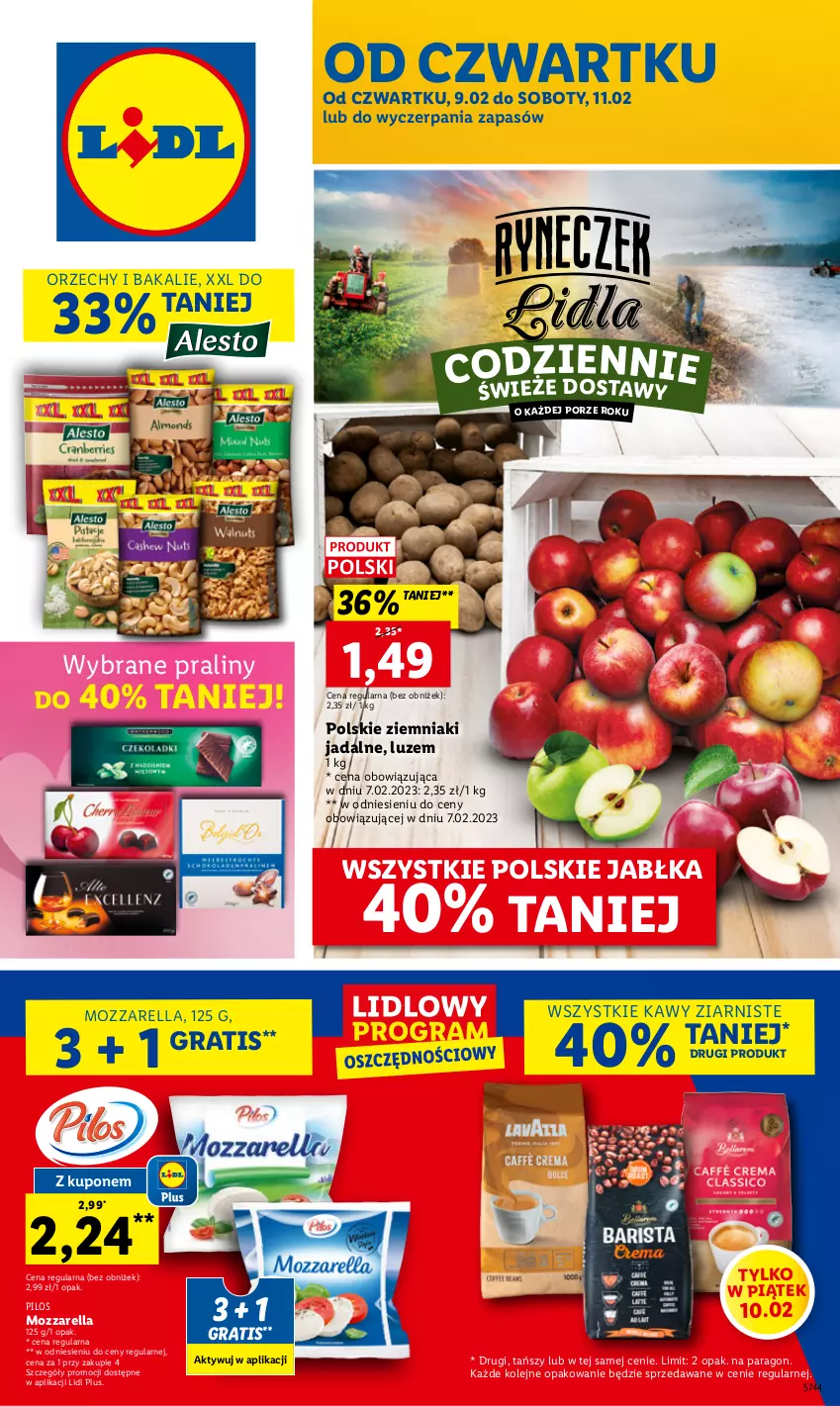 Gazetka promocyjna Lidl - GAZETKA - ważna 09.02 do 11.02.2023 - strona 1 - produkty: Gra, Jabłka, Mozzarella, Olej, Pilos, Por, Praliny, Ziemniaki