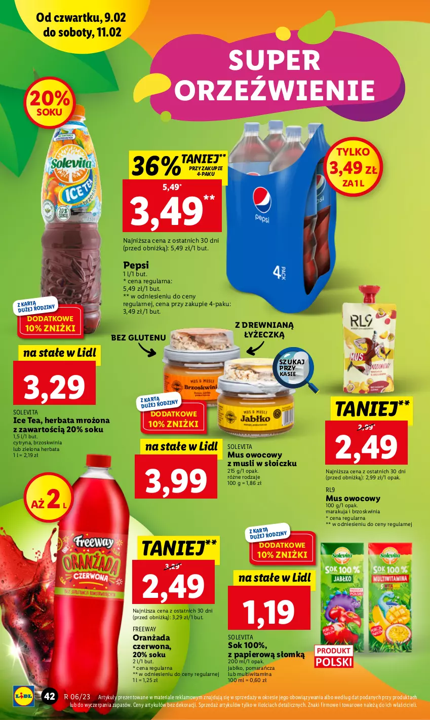 Gazetka promocyjna Lidl - GAZETKA - ważna 09.02 do 11.02.2023 - strona 44 - produkty: Herbata, Ice tea, Mus, Oranżada, Papier, Pepsi, Sok