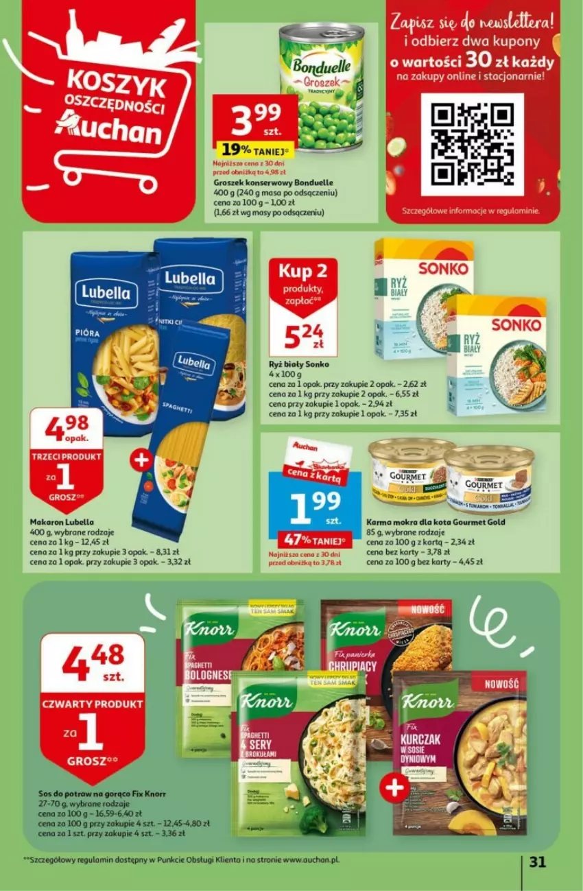 Gazetka promocyjna Auchan - ważna 18.04 do 24.04.2024 - strona 25 - produkty: Bell, Bella, Bonduelle, Gourmet Gold, Groszek, Knorr, Lubella, Makaron, Ryż, Ryż biały, Ser, Sonko, Sos