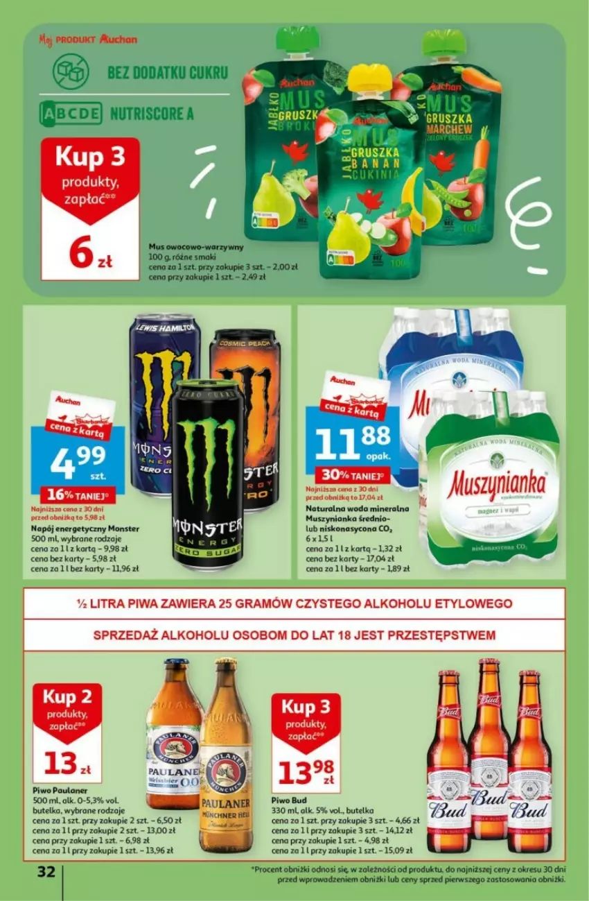 Gazetka promocyjna Auchan - ważna 18.04 do 24.04.2024 - strona 26 - produkty: Gra, Mus, Muszynianka, Napój, Napój energetyczny, Piwa, Piwo