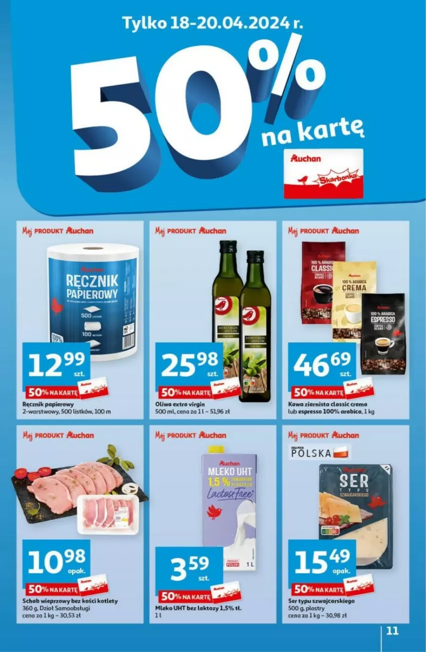 Gazetka promocyjna Auchan - ważna 18.04 do 24.04.2024 - strona 3 - produkty: BIC, Cars, Gin, Kawa, Kawa ziarnista, Kotlet, Mleko, Oliwa, Papier, Ręcznik, Schab wieprzowy, Ser