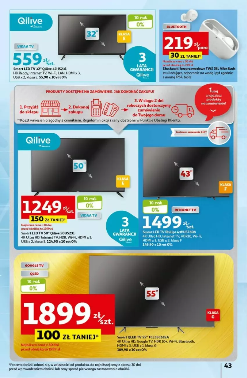 Gazetka promocyjna Auchan - ważna 18.04 do 24.04.2024 - strona 38 - produkty: HD ready, JBL, Kosz, LED TV, Por, Słuchawki, Słuchawki bezprzewodowe