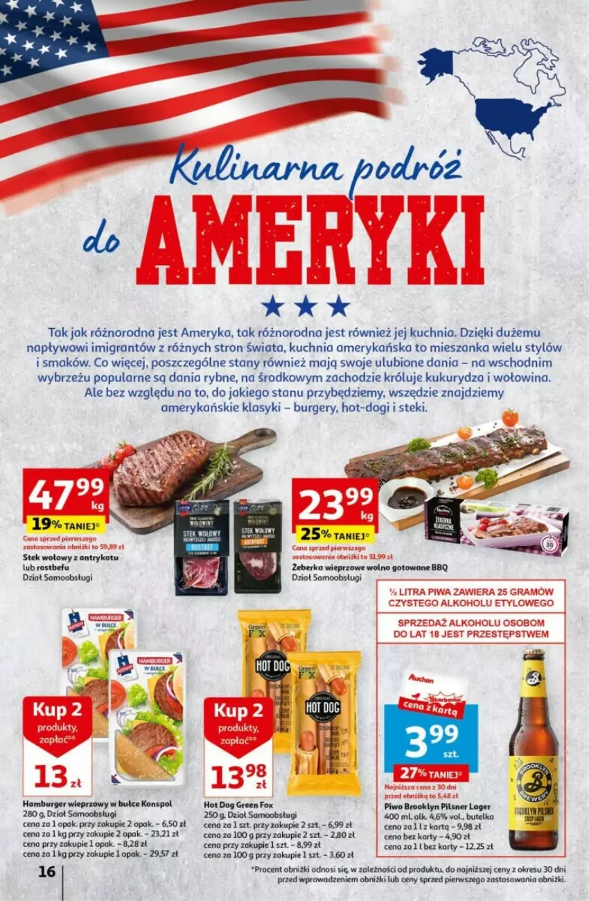 Gazetka promocyjna Auchan - ważna 18.04 do 24.04.2024 - strona 8 - produkty: Burger, Gra, Hamburger, Hot dog, Kuchnia, Kukurydza, Piwo, Rostbef, Stek, Wołowina