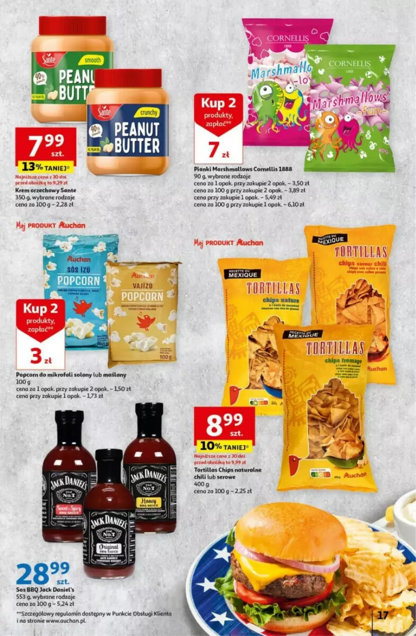 Gazetka promocyjna Auchan - ważna 18.04 do 24.04.2024 - strona 9 - produkty: Fa, Jack Daniel's, Krem orzechowy, Mars, Marshmallows, Popcorn, Sante, Ser, Sos, Tortilla