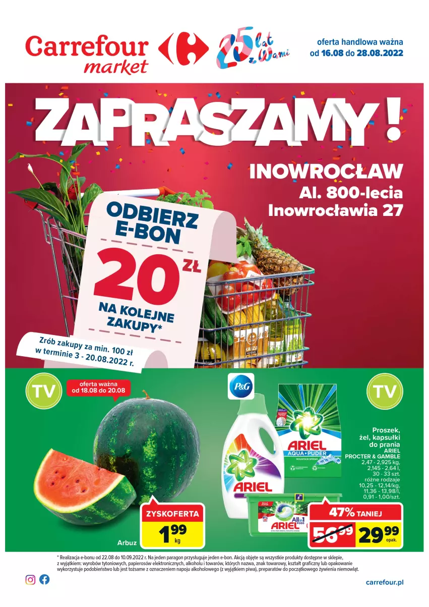 Gazetka promocyjna Carrefour - Gazetka Market Inowrocław - ważna 16.08 do 28.08.2022 - strona 1 - produkty: Arbuz, Ariel, Gra, Kapsułki do prania, LG, Papier, Piwa, Puder