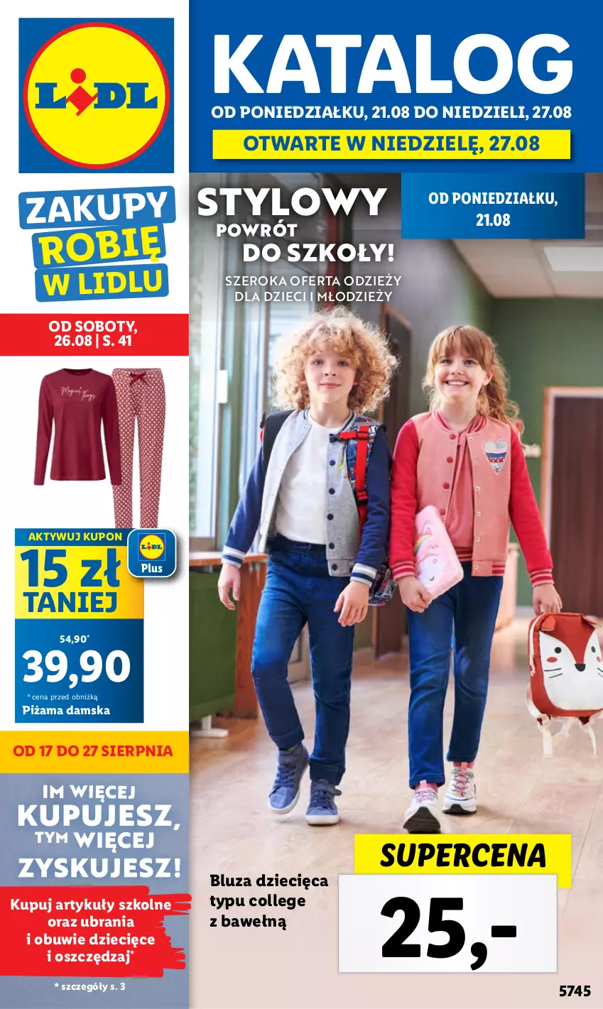 Gazetka promocyjna Lidl - GAZETKA - ważna 21.08 do 27.08.2023 - strona 1 - produkty: Bluza, Dzieci, Obuwie, Piżama, Ubrania