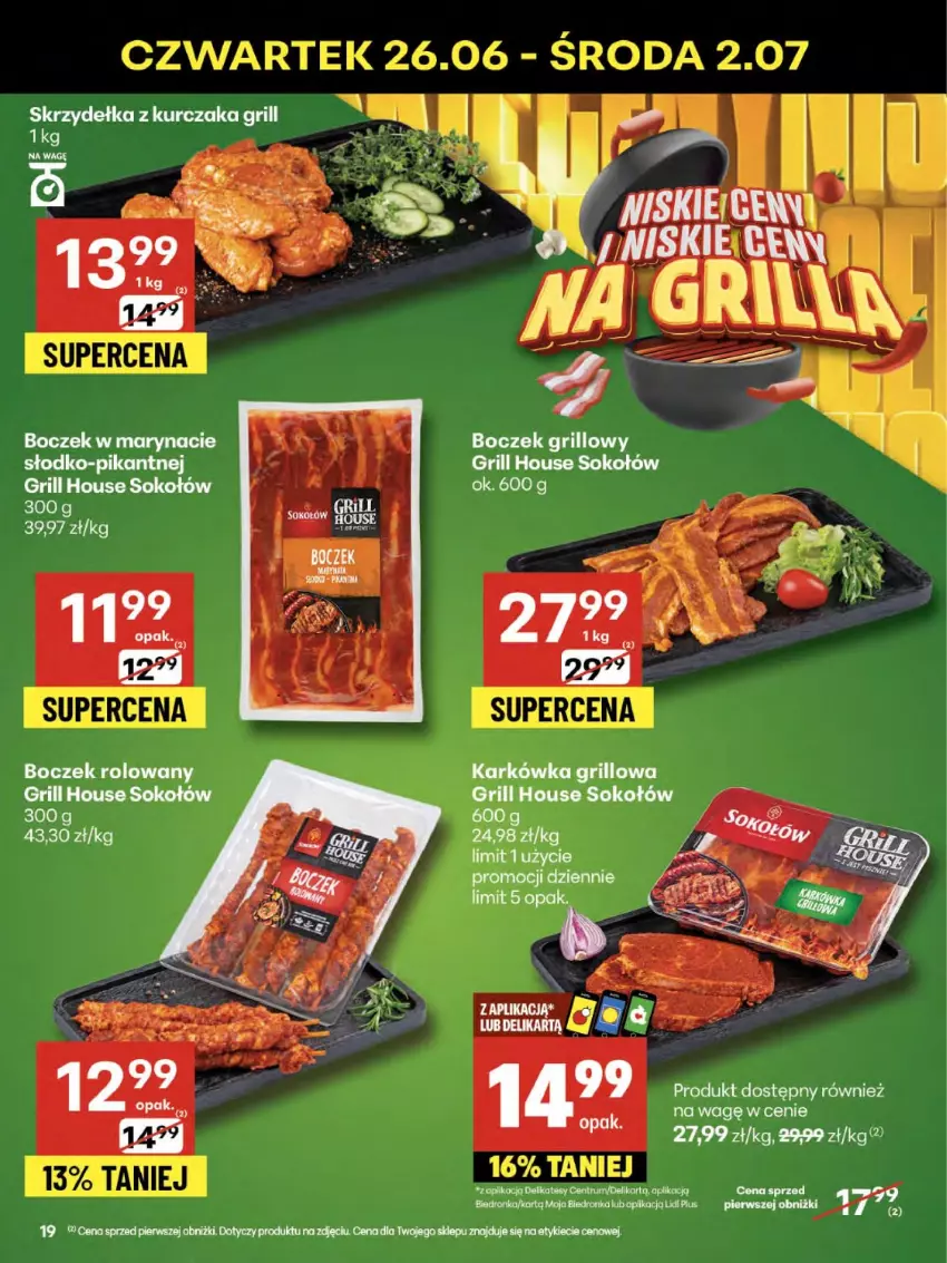 Gazetka promocyjna Delikatesy Centrum - Franczyza DC26 Czwartek - ważna 26.06 do 02.07.2025 - strona 19 - produkty: Boczek, Grill, Kurczak, Skrzydełka z kurczaka, Sok, Sokołów