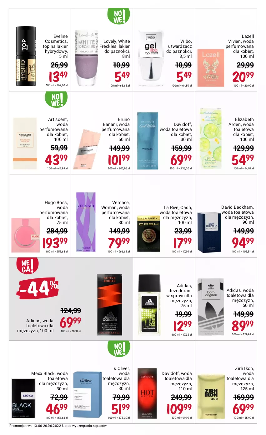 Gazetka promocyjna Rossmann - ważna 13.06 do 26.06.2022 - strona 13 - produkty: Adidas, Bruno Banani, David Beckham, Davidoff, Dezodorant, Elizabeth Arden, Eveline, Hugo Boss, La Rive, Lack, Lakier, Lakier do paznokci, Lakier hybrydowy, Lazell, Lovely, Mexx, Perfum, S.Oliver, Top, Versace, Wibo, Woda, Woda perfumowana, Woda toaletowa