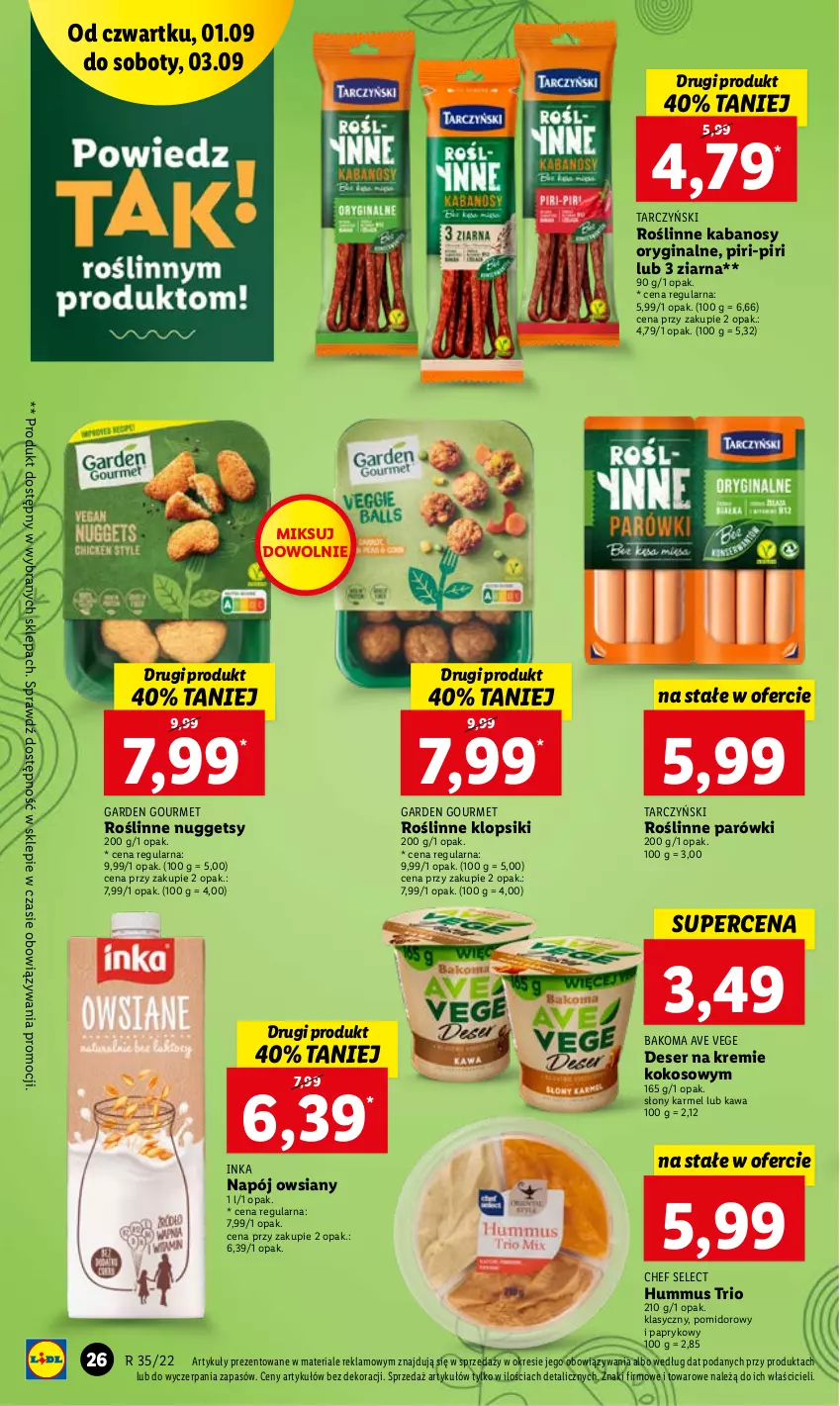 Gazetka promocyjna Lidl - GAZETKA - ważna 01.09 do 03.09.2022 - strona 26 - produkty: Bakoma, Deser, Gin, Hummus, Inka, Kabanos, Kawa, Klopsiki, Kokos, Mus, Napój, Parówki, Roślinne kabanosy, Ser, Tarczyński