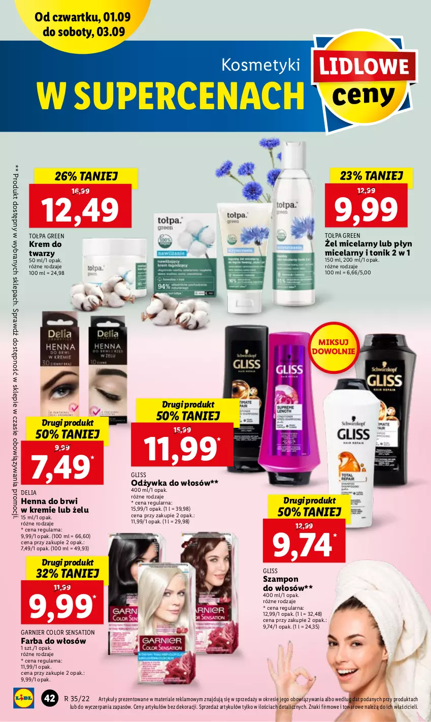 Gazetka promocyjna Lidl - GAZETKA - ważna 01.09 do 03.09.2022 - strona 42 - produkty: Fa, Farba do włosów, Garnier, Krem do twarzy, Odżywka, Płyn micelarny, Sati, Szampon, Tołpa, Tonik