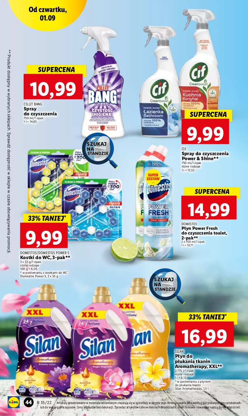 Gazetka promocyjna Lidl - GAZETKA - ważna 01.09 do 03.09.2022 - strona 44 - produkty: Cif, Cillit Bang, Domestos, Płyn do płukania, Por, Silan, Spray do czyszczenia