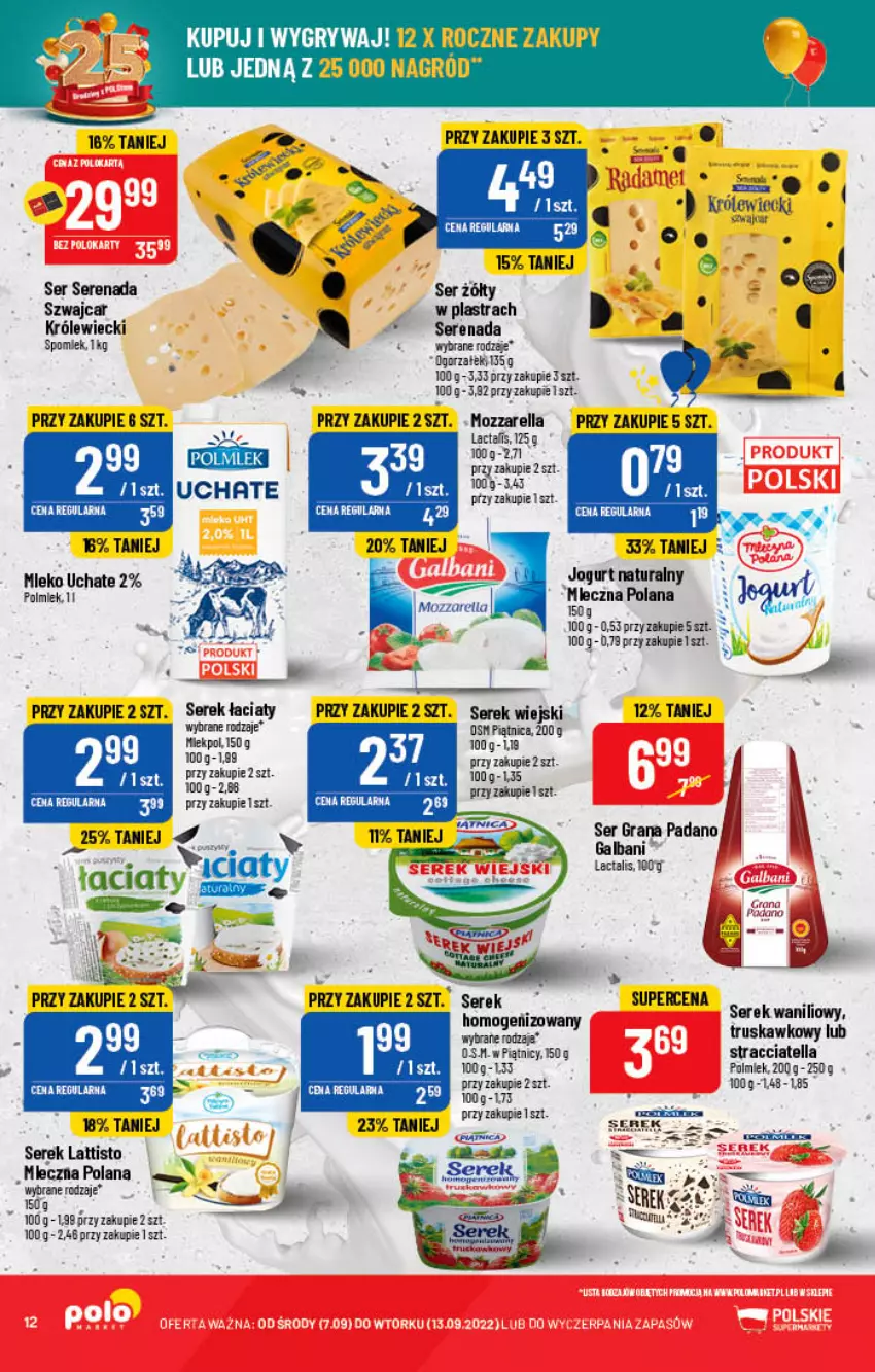 Gazetka promocyjna PoloMarket - Gazetka pomocyjna - ważna 07.09 do 13.09.2022 - strona 12 - produkty: Gry, Jogurt, Jogurt naturalny, LANA, LG, Mleko, Mozzarella, Piątnica, Polmiek, Ser, Serek, Serek wiejski