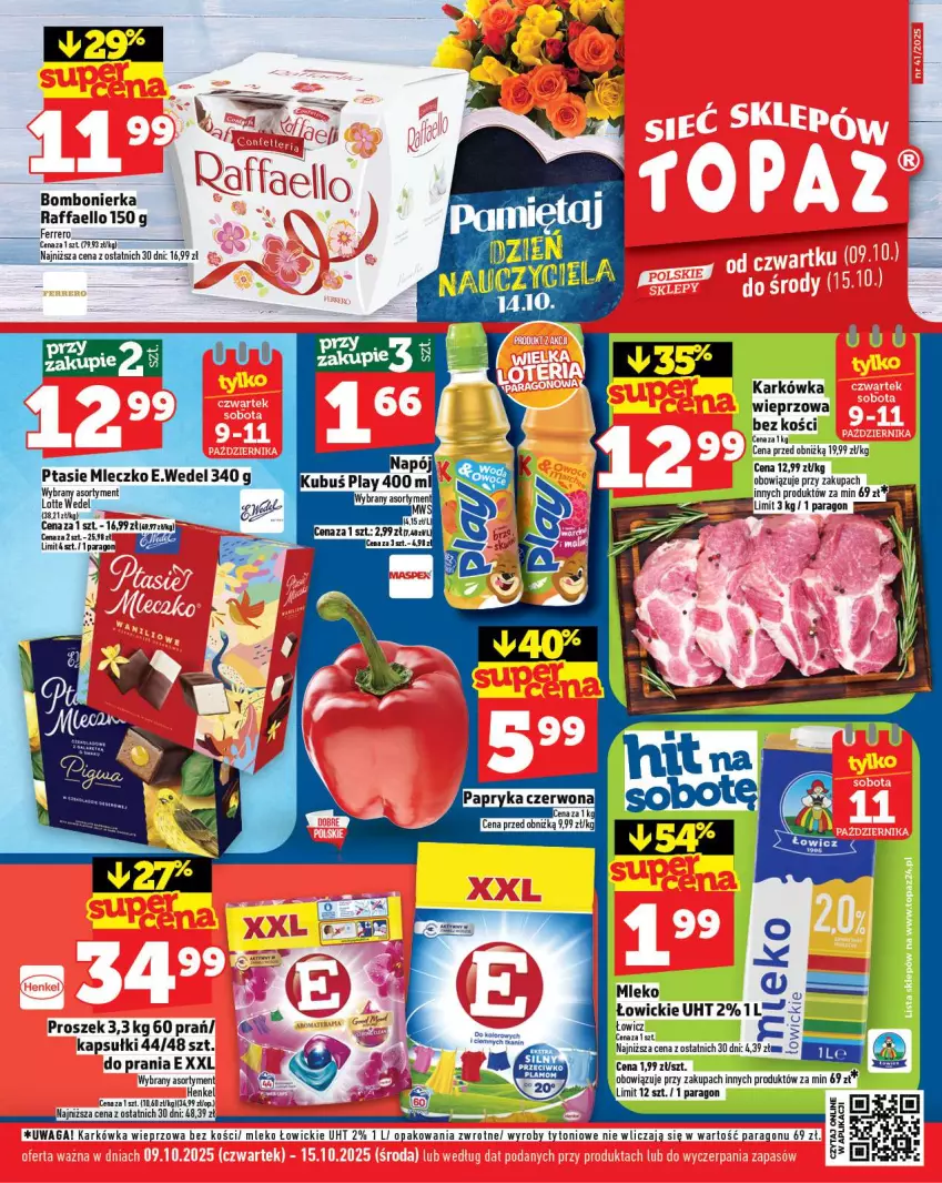 Gazetka promocyjna Topaz - Gazetka - ważna 09.10 do 15.10.2025 - strona 1 - produkty: Fa, Ferrero, Karkówka wieprzowa, Mleko, Raffaello, Waga