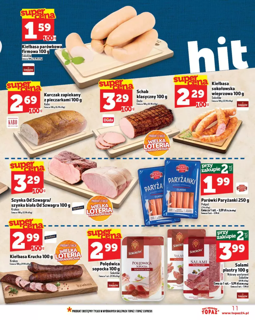 Gazetka promocyjna Topaz - Gazetka - ważna 09.10 do 15.10.2025 - strona 11 - produkty: Gra, Kiełbasa, Kiełbasa krucha, Koc, Kurczak, Parówki, Pekpol, Piec, Pieczarka, Polędwica, Ryż, Salami, Sok, Sokołów, Szynka, Szynka biała, Top