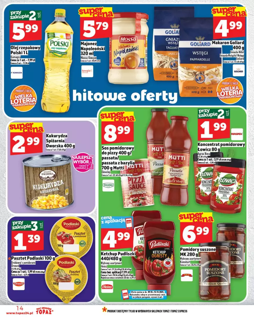 Gazetka promocyjna Topaz - Gazetka - ważna 09.10 do 15.10.2025 - strona 14 - produkty: Dell, Ketchup, Kukurydza, Makaron, Pasztet, Top