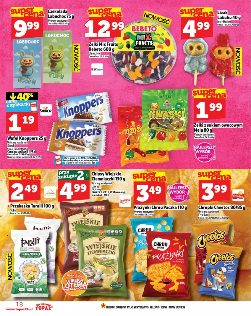 Gazetka promocyjna Topaz - Gazetka - ważna 09.10 do 15.10.2025 - strona 18 - produkty: Cheetos, Chipsy, Chrupki, Czekolada, Fa, Lorenz, Sok, Top