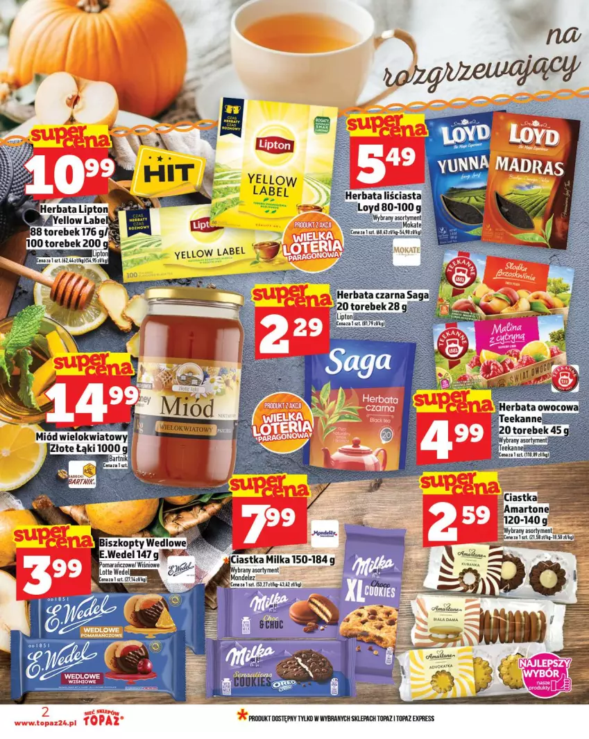 Gazetka promocyjna Topaz - Gazetka - ważna 09.10 do 15.10.2025 - strona 2 - produkty: Ciastka, Herbata, LG, Lipton, Milka, Miód, Top