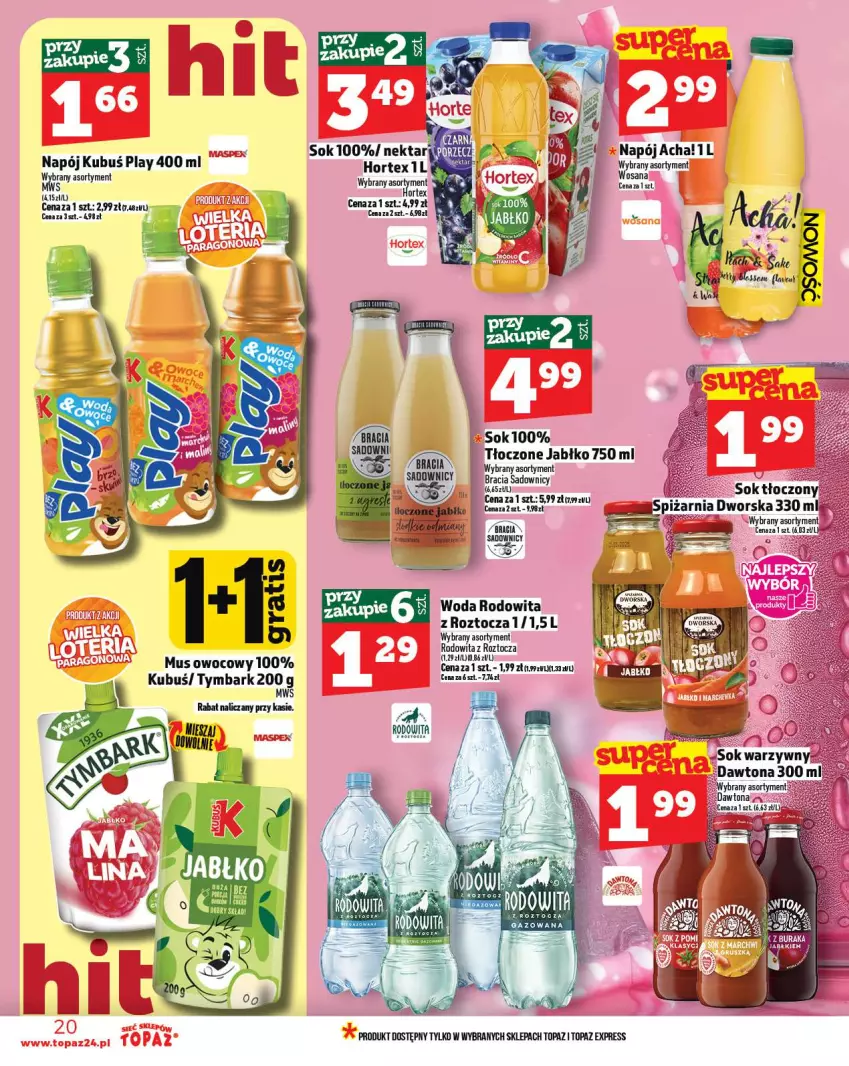 Gazetka promocyjna Topaz - Gazetka - ważna 09.10 do 15.10.2025 - strona 20 - produkty: Hortex, Kubuś, Mus, Napój, Nektar, Sok, Top, Tymbark, Woda