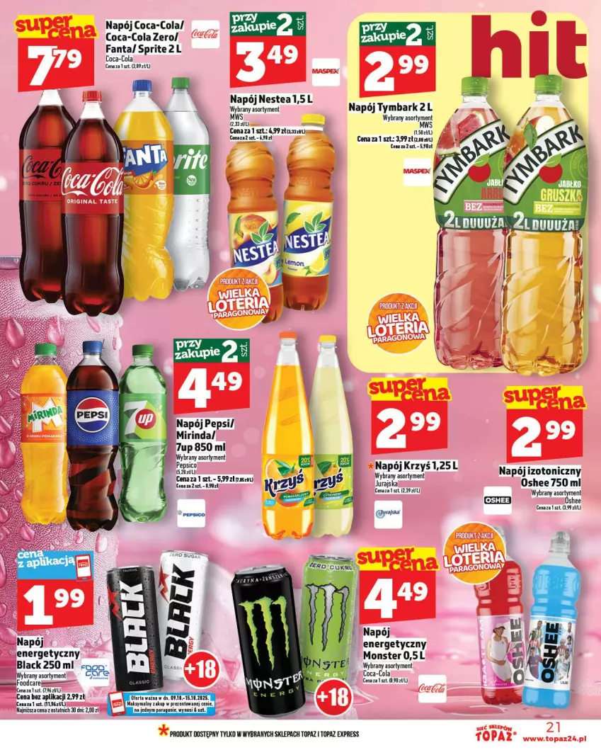 Gazetka promocyjna Topaz - Gazetka - ważna 09.10 do 15.10.2025 - strona 21 - produkty: 7up, Coca-Cola, Fa, Fanta, Napój, Napój izotoniczny, Nestea, Oshee, Pepsi, Sprite, Top, Tymbark