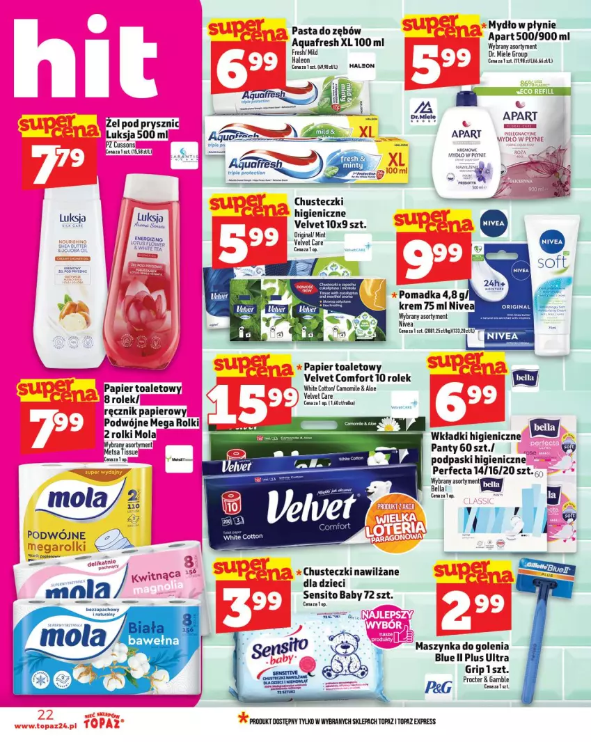 Gazetka promocyjna Topaz - Gazetka - ważna 09.10 do 15.10.2025 - strona 22 - produkty: Aquafresh, Bell, Bella, Chusteczki, Dzieci, Leon, Luksja, Maszynka, Maszynka do golenia, Mola, Mydło, Mydło w płynie, Nivea, Papier, Papier toaletowy, Pasta do zębów, Perfecta, Podpaski, Ręcznik, Rolki, Sito, Szynka, Top, Velvet, Wkładki