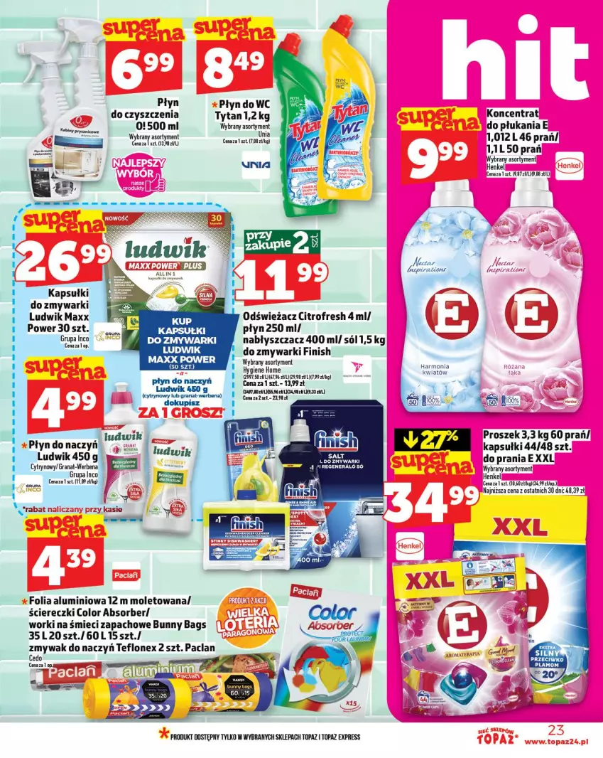 Gazetka promocyjna Topaz - Gazetka - ważna 09.10 do 15.10.2025 - strona 23 - produkty: Finish, Folia aluminiowa, Ludwik, Płyn do wc, Sól, Tera, Top, Tytan, Worki na śmiec, Worki na śmieci, Zmywarki
