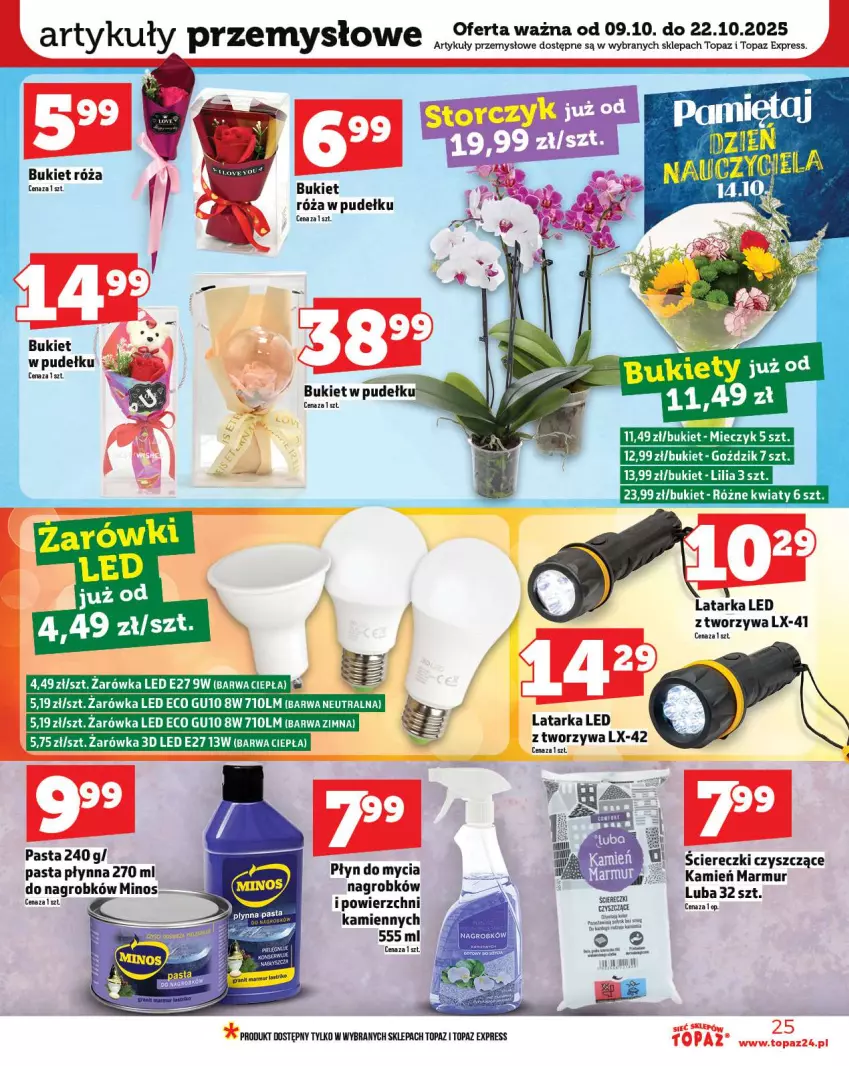 Gazetka promocyjna Topaz - Gazetka - ważna 09.10 do 15.10.2025 - strona 25 - produkty: Bukiet, Latarka, Latarka LED, Miecz, Płyn do mycia, Róża, Tarka, Top