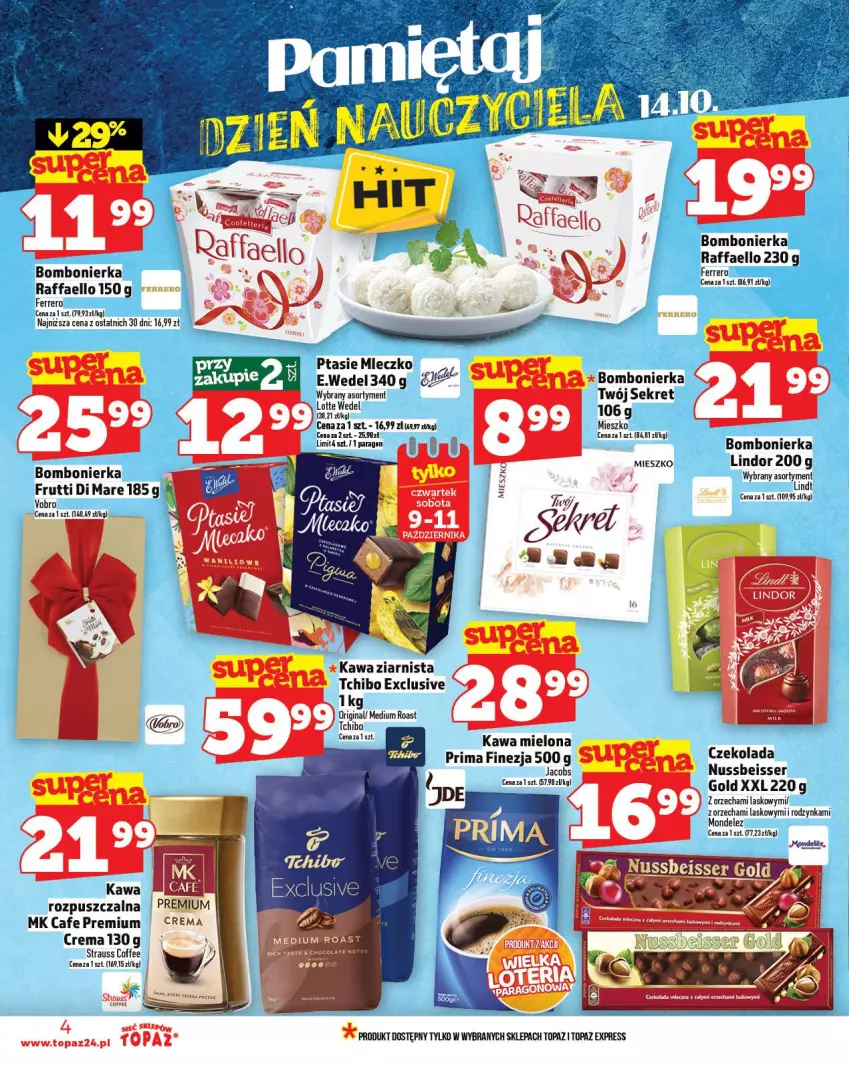 Gazetka promocyjna Topaz - Gazetka - ważna 09.10 do 15.10.2025 - strona 4 - produkty: Czekolada, Fa, Ferrero, Gin, Jacobs, Kawa, Kawa mielona, Kret, Lindor, Mleczko, Prima, Ptasie mleczko, Raffaello, Ser, Tchibo, Top