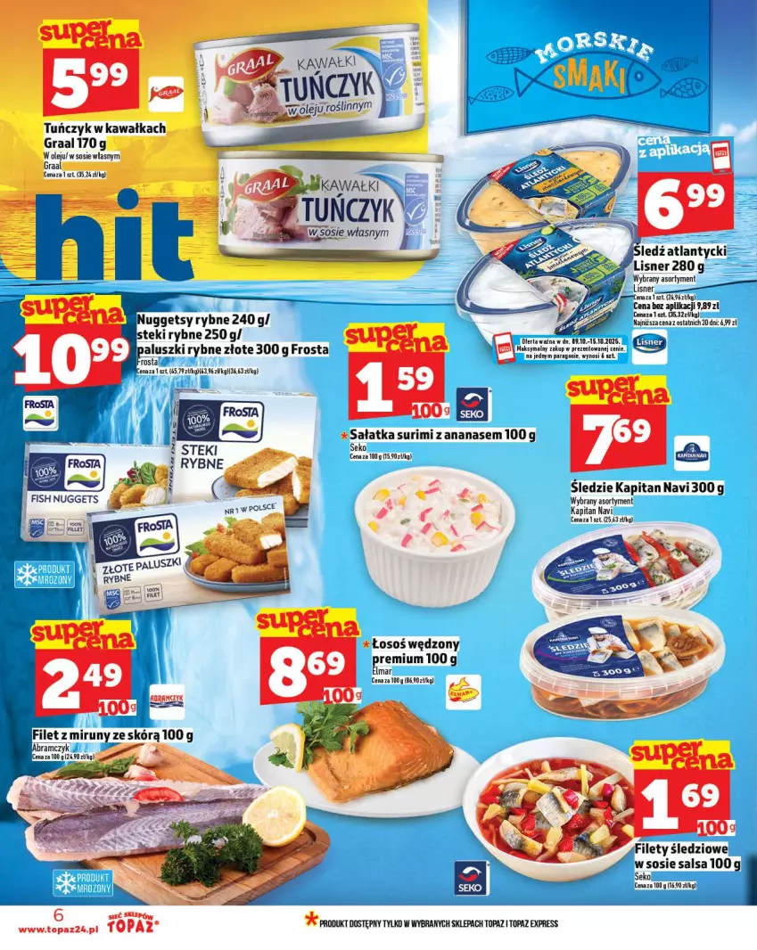 Gazetka promocyjna Topaz - Gazetka - ważna 09.10 do 15.10.2025 - strona 6 - produkty: Ananas, Frosta, Gra, Graal, Kawa, Lisner, Olej, Paluszki rybne, Sałat, Sałatka, Salsa, SEKO, Sledź, Sos, Stek, Surimi, Top, Tuńczyk