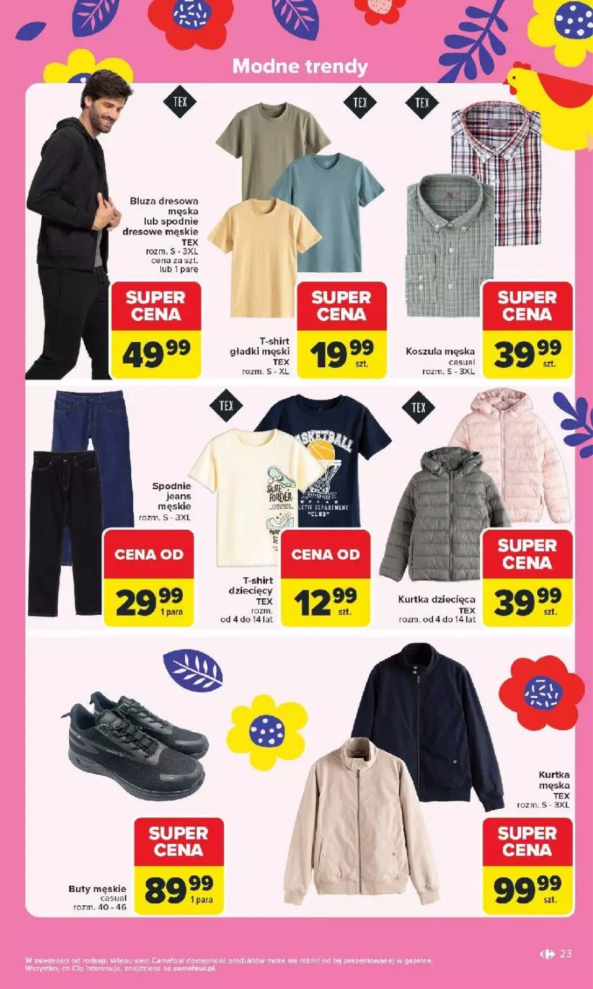 Gazetka promocyjna Carrefour - Gazetka Łap Wielkanocne okazje od poniedziałku! - ważna 16.03 do 29.03.2026 - strona 23 - produkty: Bluza, Bluza dresowa, Buty, Dres, Dzieci, Fa, Kosz, Koszula, Kurtka, Kurtka dziecięca, Spodnie, Spodnie dresowe, Spodnie jeans, T-shirt