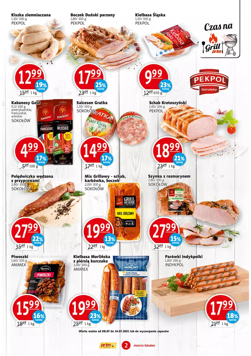 Gazetka promocyjna Prim Market - Gazetka - ważna 08.07 do 14.07.2021 - strona 2 - produkty: Boczek, Gra, Grill, Kiełbasa, Kiełbasa śląska, Kurczak, Parówki, Pekpol, Piwo, Salceson, Schab krotoszyński, Sok, Sokołów, Szynka