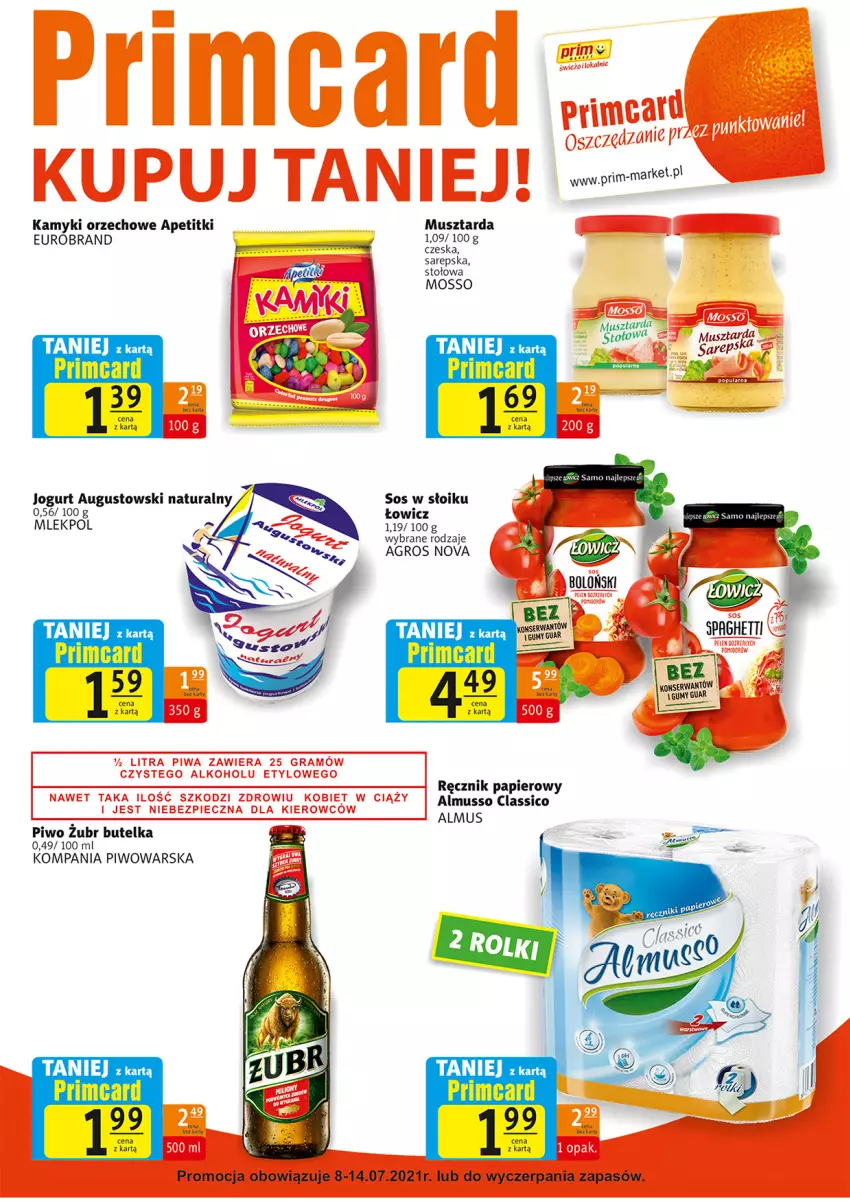 Gazetka promocyjna Prim Market - Gazetka - ważna 08.07 do 14.07.2021 - strona 7 - produkty: Jogurt, Mus, Musztarda, Papier, Piwo, Ręcznik, Sos, Spaghetti