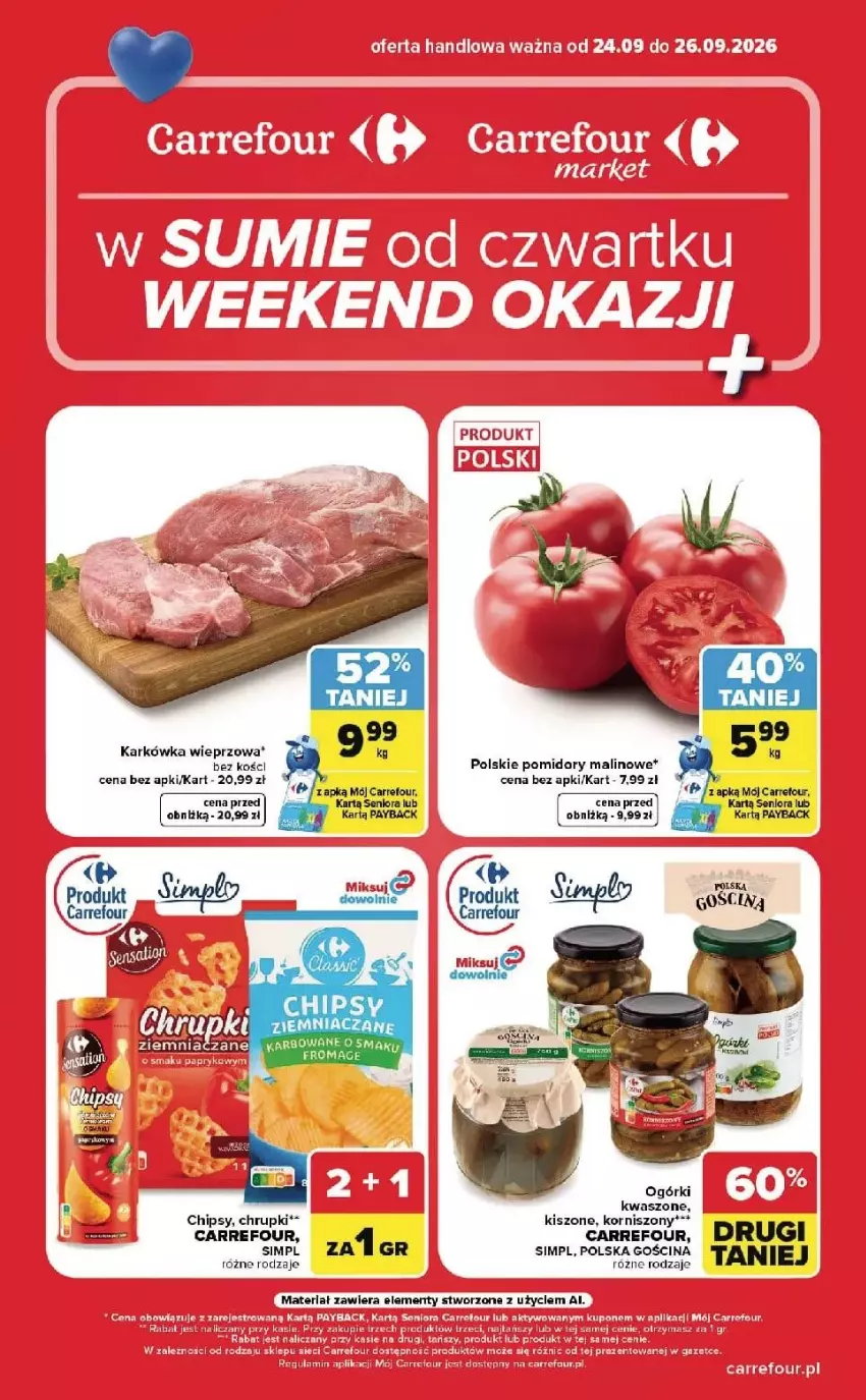 Gazetka promocyjna Carrefour - Gazetka Carrefour, Market w SUMIE od czwartku WEEKND OKAZJI - ważna 24.09 do 26.09.2026 - strona 1 - produkty: Chipsy, Chrupki, Dada, Fa, Karkówka wieprzowa, Korniszony, Pomidory, Ziaja